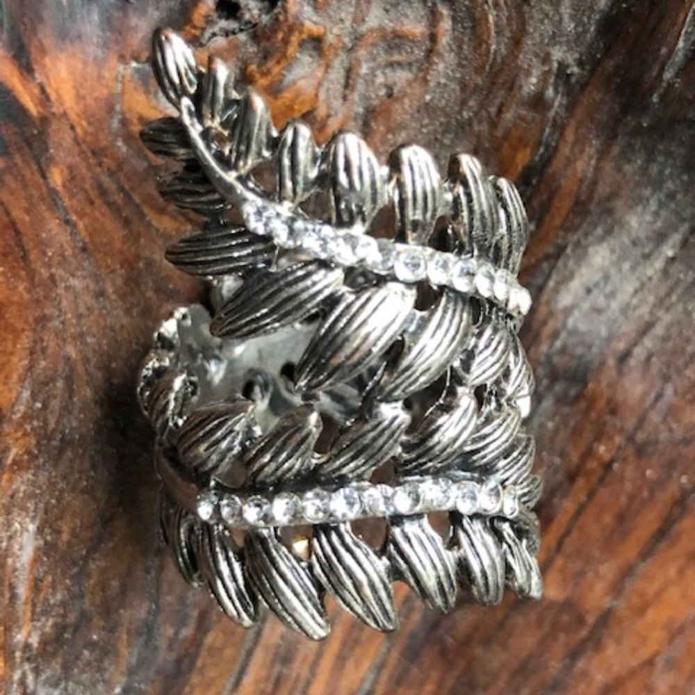 Silver and Rhinestone Leaf Ring